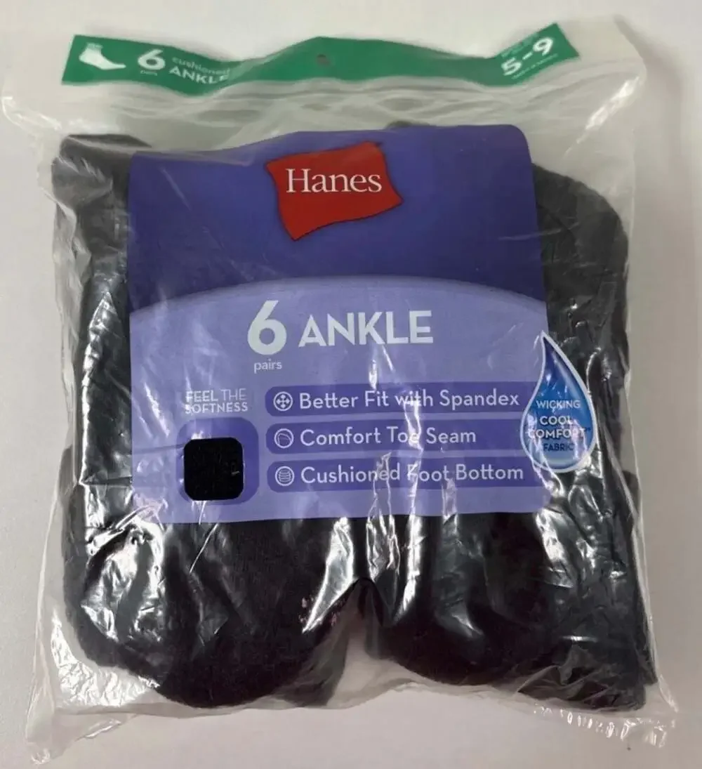 Hanes Women's Cushioned Ankle Socks, 6 Pairs, Black,‎ Shoe Size 5-9